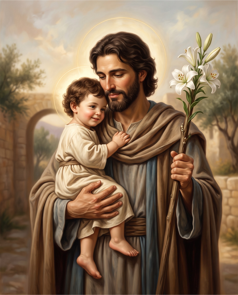 Young St Joseph carrying a smiling Baby Jesus